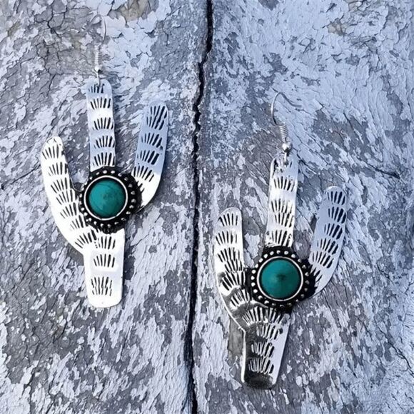 Silver Turquoise Cactus Western Dangle Earrings - Picture 2 of 5